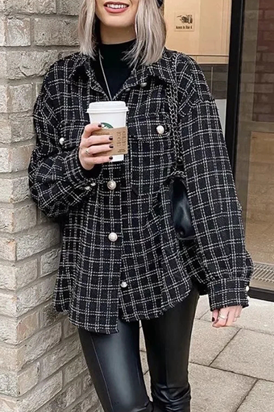 Casual Plaid Pocket Buckle Turndown Collar Outerwear