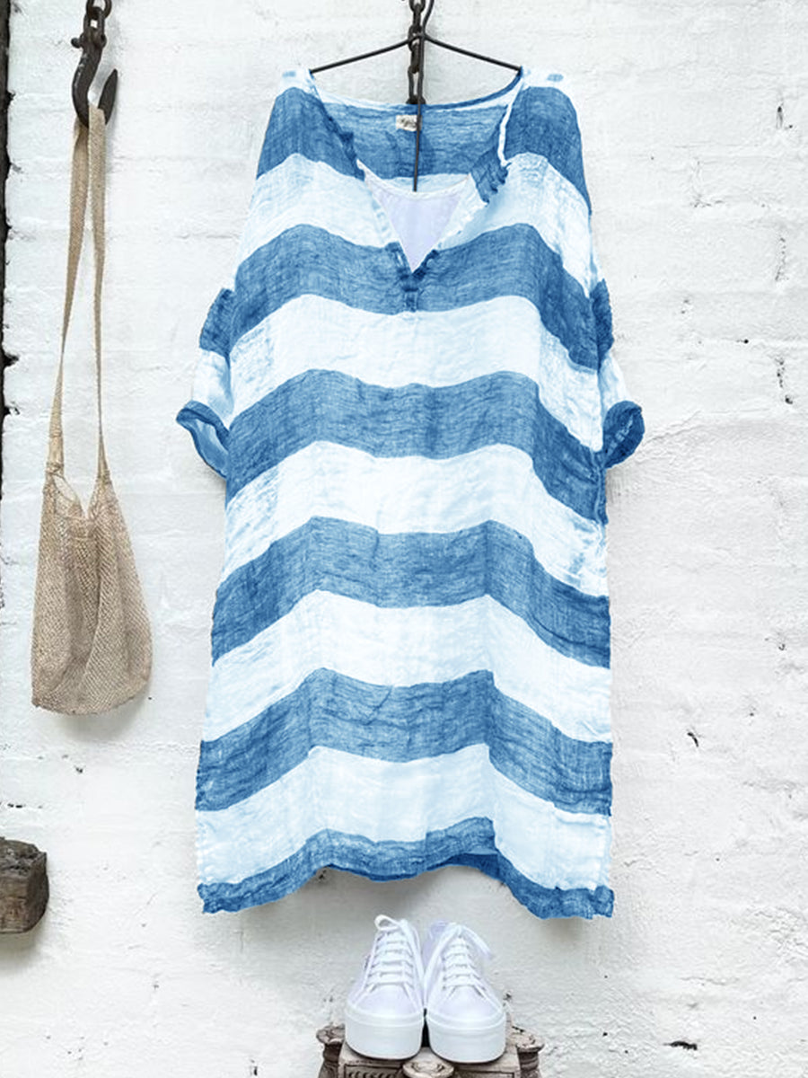 Womens Heavy Stripe V-neck Casual Linen Dress