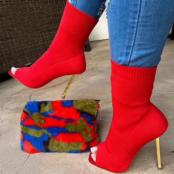 Peep Toe Knit Thin Heel Boots