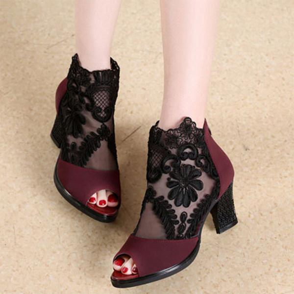Women'S Chunky Heel Open Toe Lace Sandals 29617810