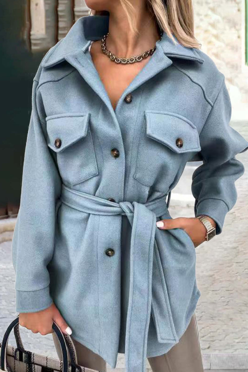 Solid With Belt Turn-back Collar Outerwear(8 Colors)