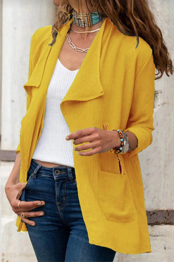 Fashion Casual Solid Split Joint Pocket Turndown Collar Outerwear