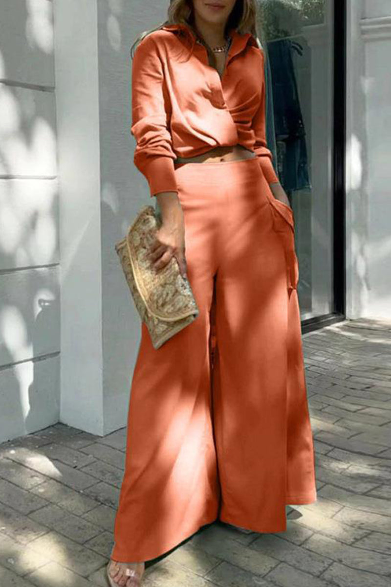 Elegant Simplicity Solid Pocket Solid Color Turndown Collar Long Sleeve Two Pieces(6 Colors)