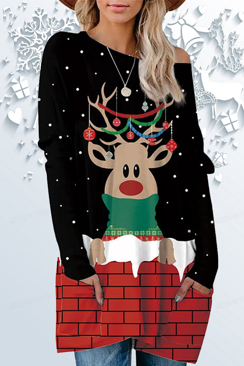 Casual Print Santa Claus O Neck Tops(6 Colors)