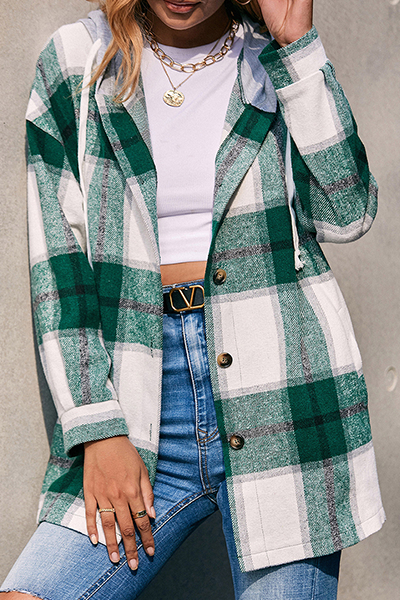 Casual Plaid Draw String Buckle Hooded Collar Outerwear