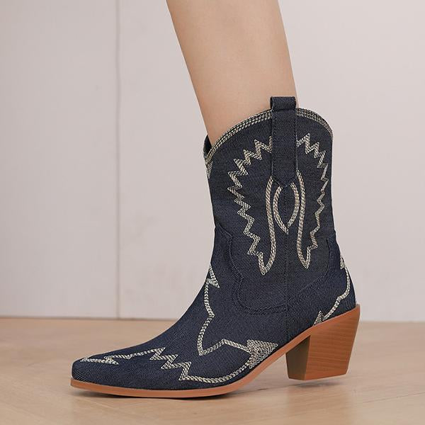Women's Fashion Denim Embroidered Chunky Heel Booties 38966593S