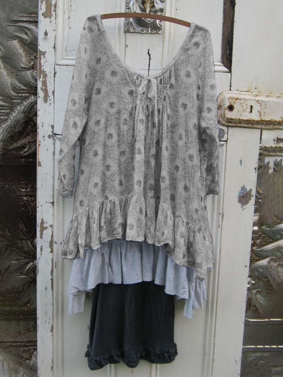 Womens Printed Ruffled Hem Linen Casual Top