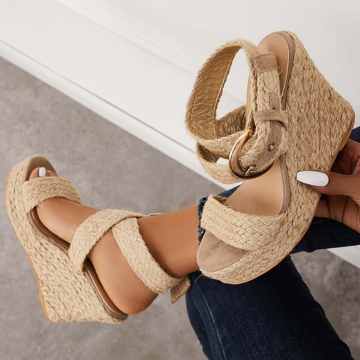 Criss Cross Ankle Strap Espadrille Wedges Platform Sandals