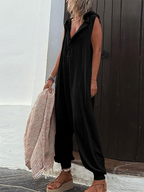 Women's Half Button Hooded Sleeveless Jumpsuit