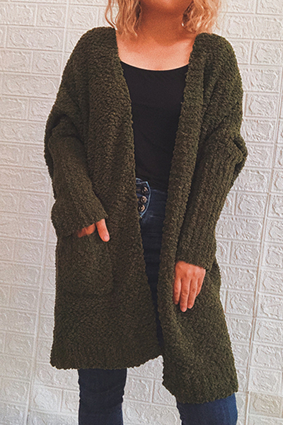 Casual Solid Split Joint Pocket V Neck Outerwear Sweater