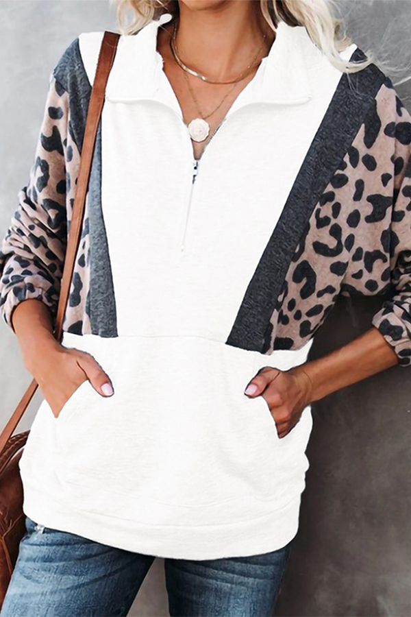 Casual Leopard Split Joint Pocket Zipper Collar Tops(4 colors)