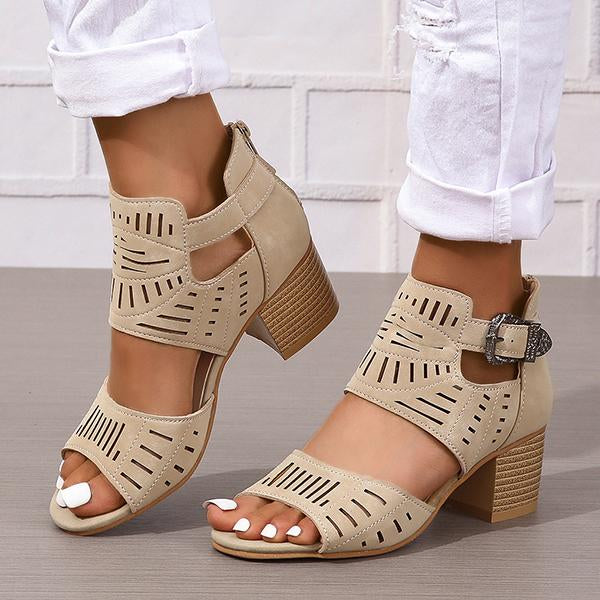 Women's Fashion Hollow Zipper Chunky Heel Sandals 89606513C
