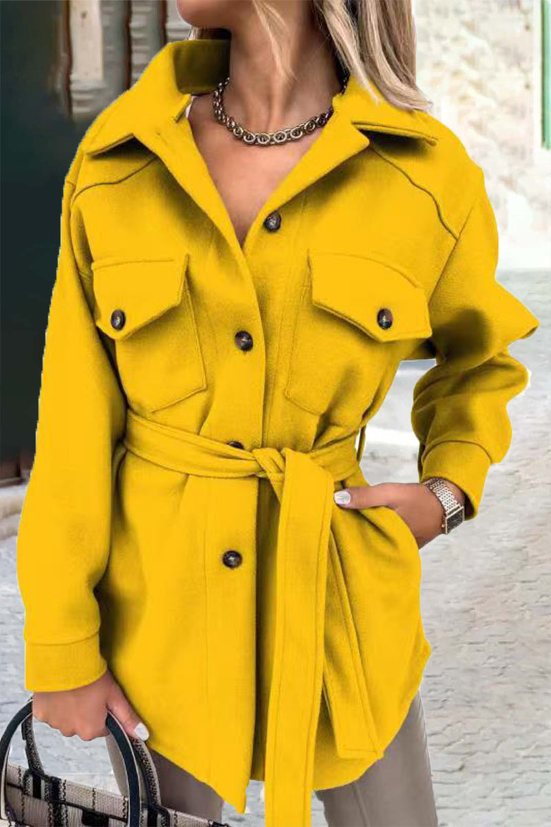 Solid With Belt Turn-back Collar Outerwear(8 Colors)