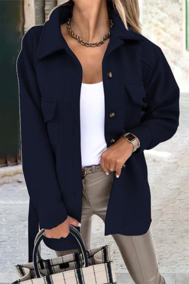 Solid With Belt Turn-back Collar Outerwear(8 Colors)