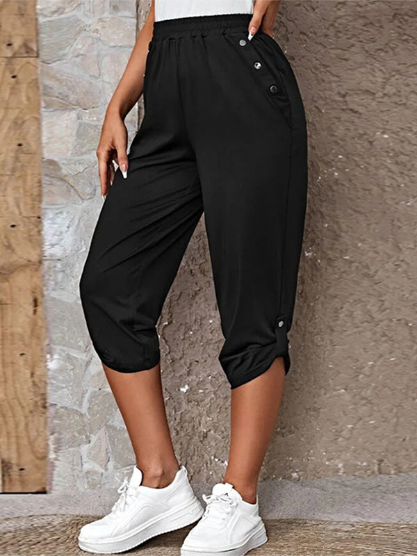 Women's Solid Button Detail Roll Up Hem Capri