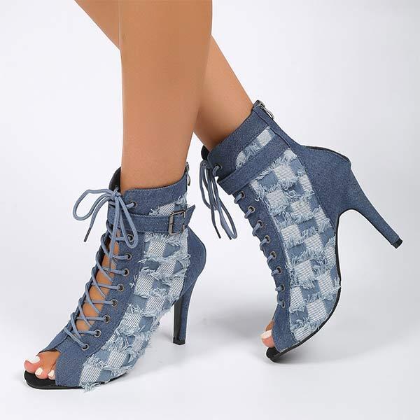 Women's Lace-Up Belt Buckle Small Checkered Denim Blue Sandals 36976940C