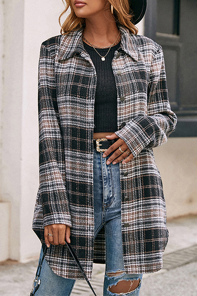 Casual Plaid Patchwork Buckle Turndown Collar Outerwear