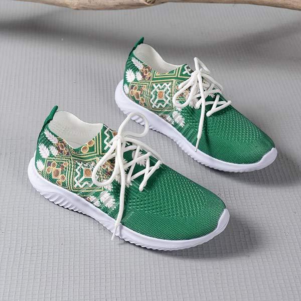 Women's Floral Round Toe Lace-Up Flat Comfortable Mesh Casual Sports Shoes 43567896C