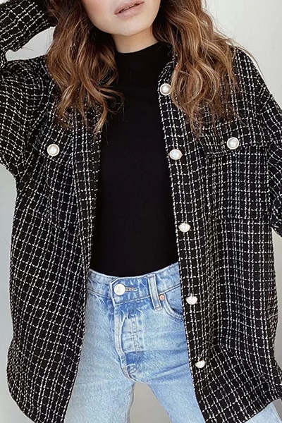 Casual Plaid Pocket Buckle Turndown Collar Outerwear
