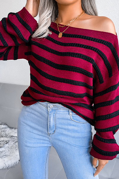 Casual Striped Split Joint Contrast Off the Shoulder Tops