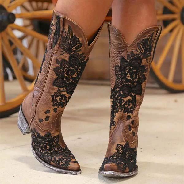 Women'S Embroidered Chunky Heel Rider Boots 59126917C
