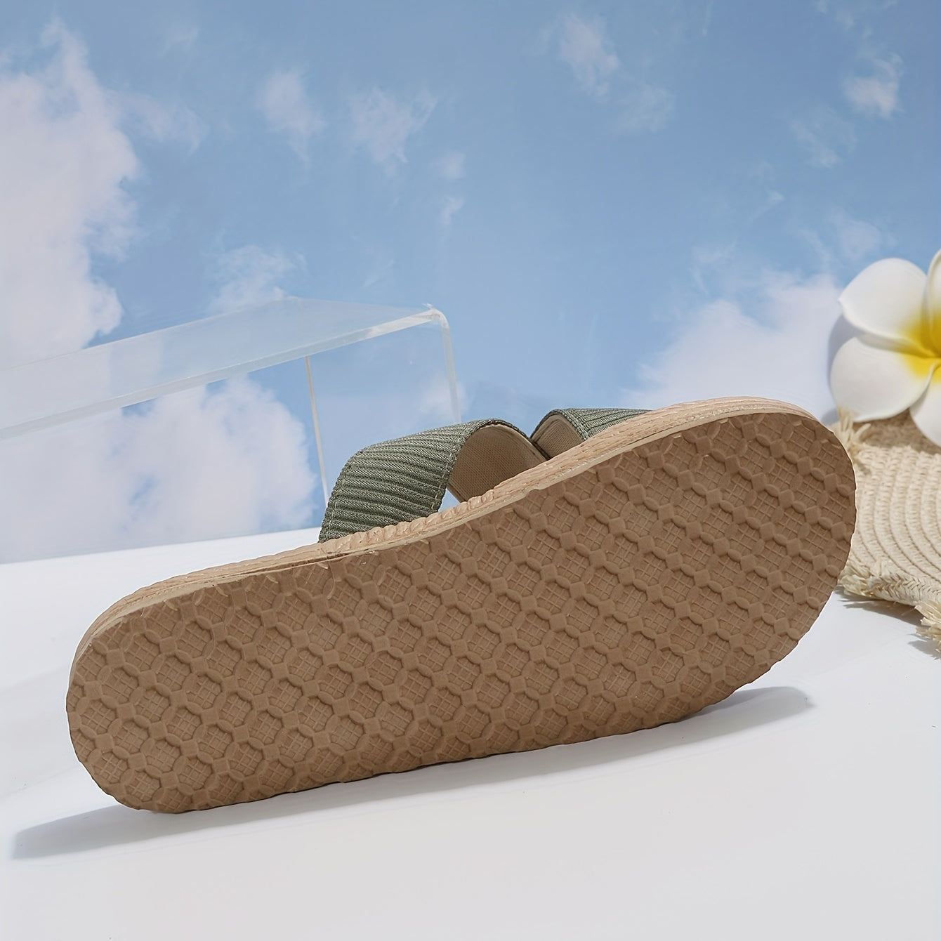Solid Color Beach Slides - Women's Cross Strap Flats with Espadrille Sole
