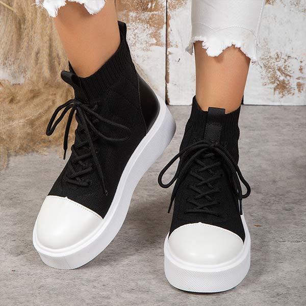 Women's High-Top Round Toe Platform Lace-Up Flying Woven Shoes 79606283C
