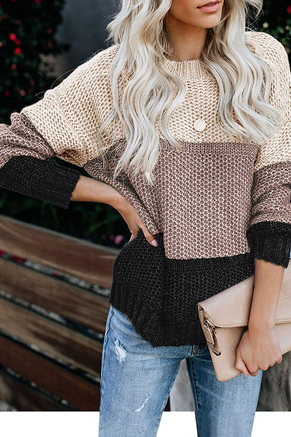 Casual Patchwork Basic Contrast O Neck Tops Sweater