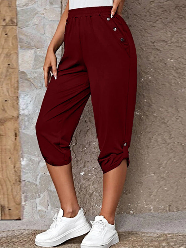 Women's Solid Button Detail Roll Up Hem Capri