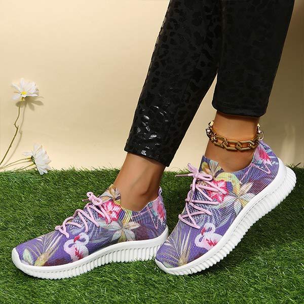 Women's Flat Lace-Up Flying Woven Breathable Printing Graffiti Casual Sneakers 43665814C