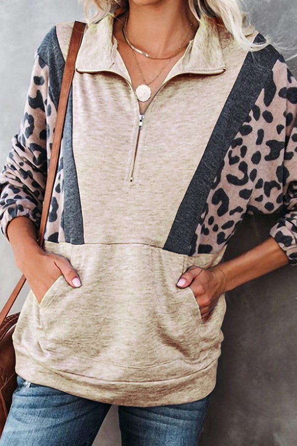 Casual Leopard Split Joint Pocket Zipper Collar Tops(4 colors)