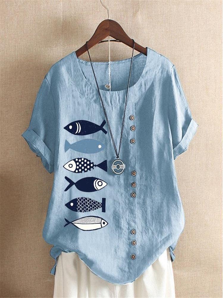V-Neck Printed Loose Short Sleeve T-Shirt