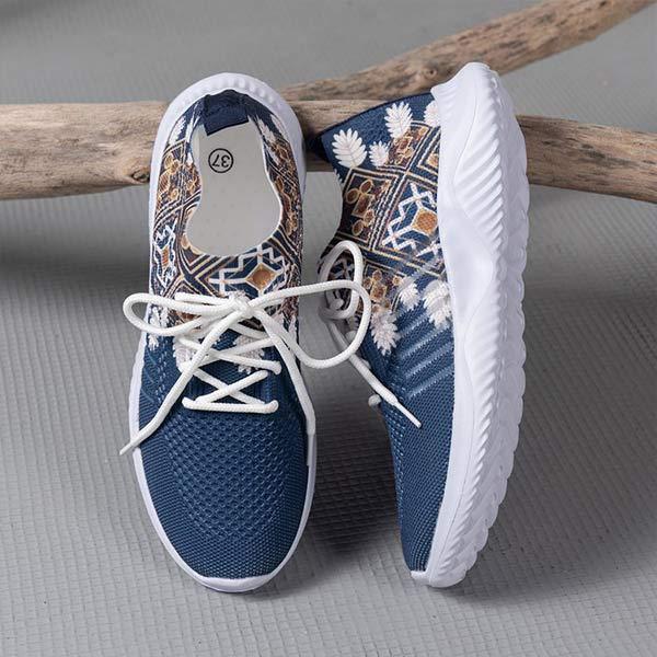 Women's Floral Round Toe Lace-Up Flat Comfortable Mesh Casual Sports Shoes 43567896C