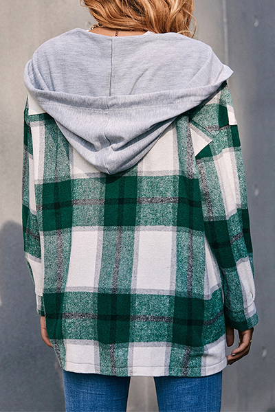 Casual Plaid Draw String Buckle Hooded Collar Outerwear