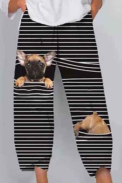 Street Striped Print Split Joint Capris Straight Harlan Positioning Print Bottoms