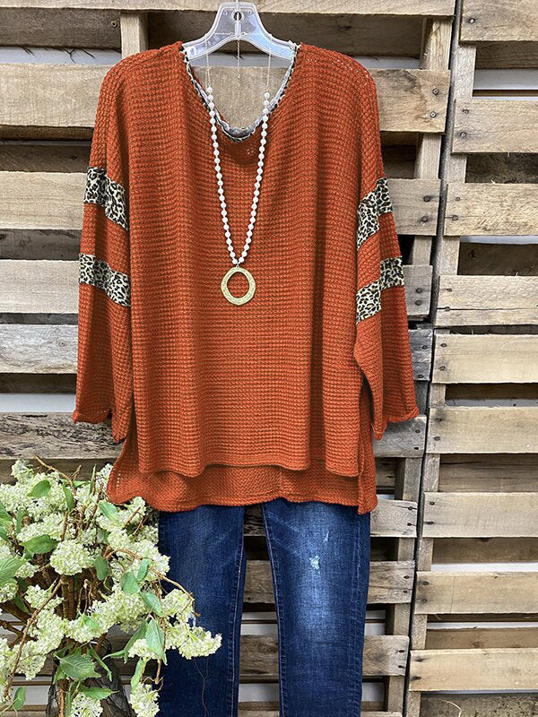 Western Style Women's Leopard Print Stitching Waffle Plaid Top