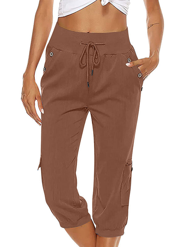 Women's Drawstring Cargo Pants Elastic Waist Casual Capri