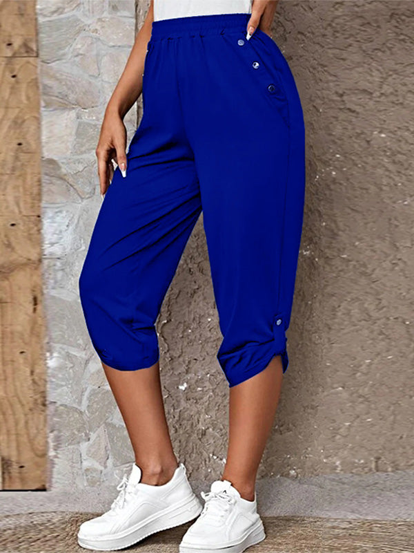 Women's Solid Button Detail Roll Up Hem Capri