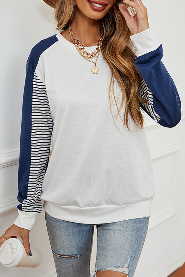 Casual Striped Split Joint Contrast O Neck Tops