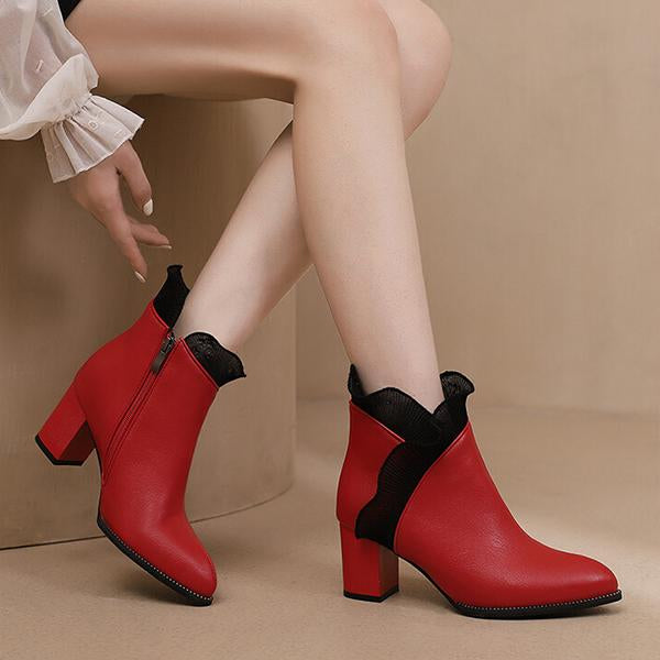 Women's Elegant Lace Trim Chunky Heel Ankle Boots 41832404S