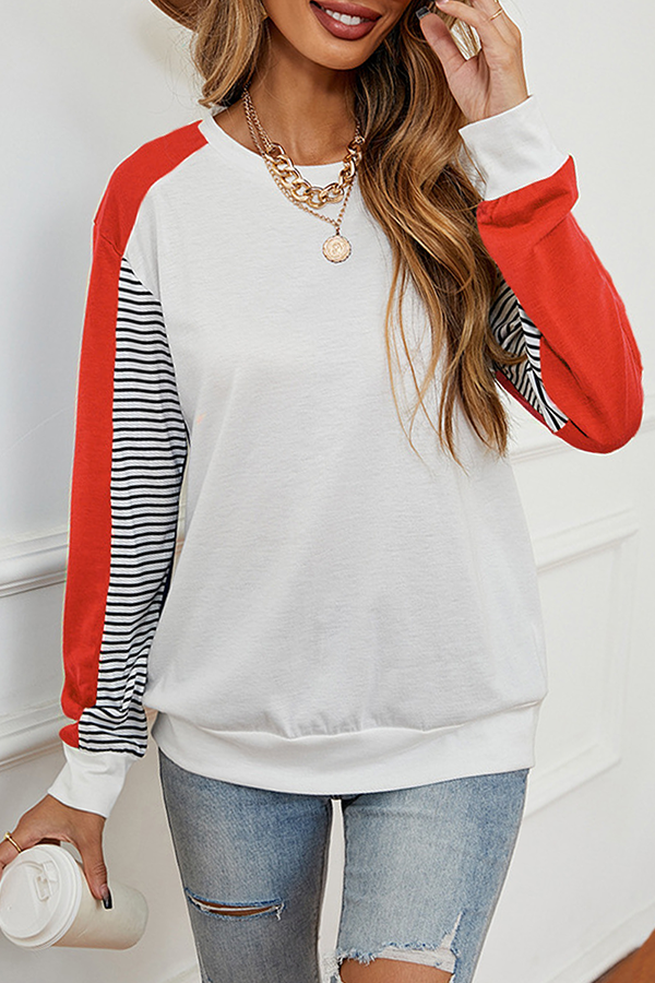 Casual Striped Split Joint Contrast O Neck Tops