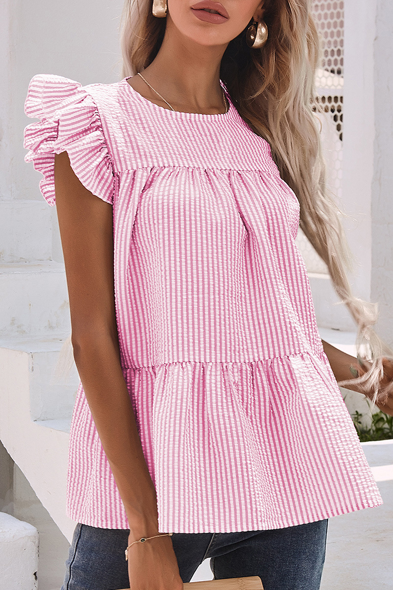 Casual Print Flounce O Neck T-Shirts(3 colors)