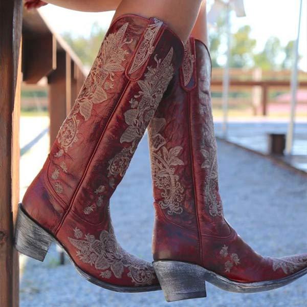 Women'S Embroidered Chunky Heel Rider Boots 59126917C
