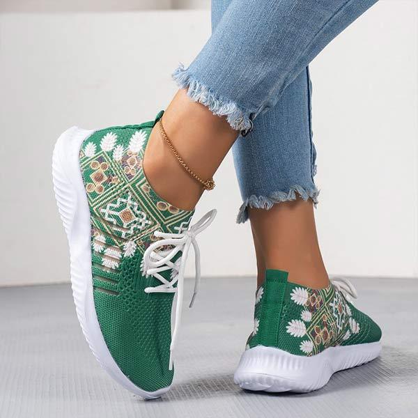 Women's Floral Round Toe Lace-Up Flat Comfortable Mesh Casual Sports Shoes 43567896C