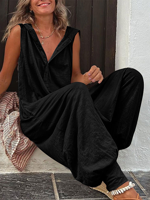 Women's Half Button Hooded Sleeveless Jumpsuit