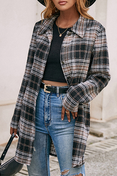 Casual Plaid Patchwork Buckle Turndown Collar Outerwear