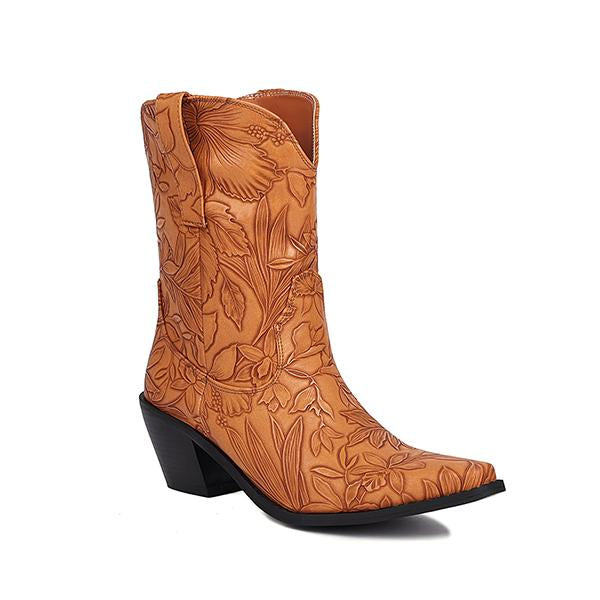Women's Fashion Embossed Chunky Heel Cowboy Boots Ankle Boots 62876380S