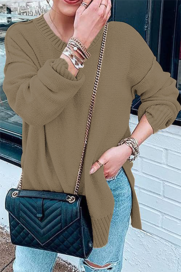 Casual Solid Patchwork Slit O Neck Tops Sweater