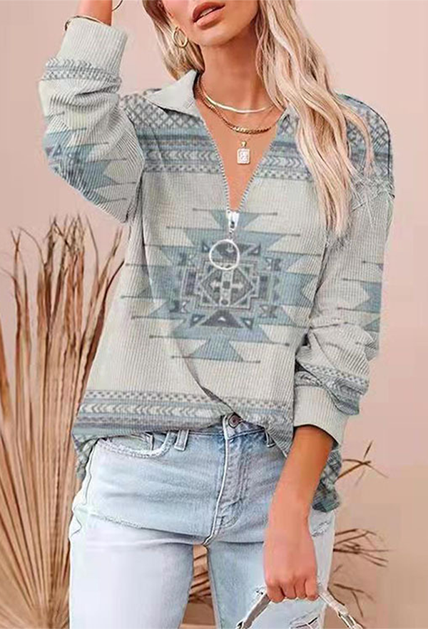 Fashion Casual Geometric Split Joint Zipper Turndown Collar Tops