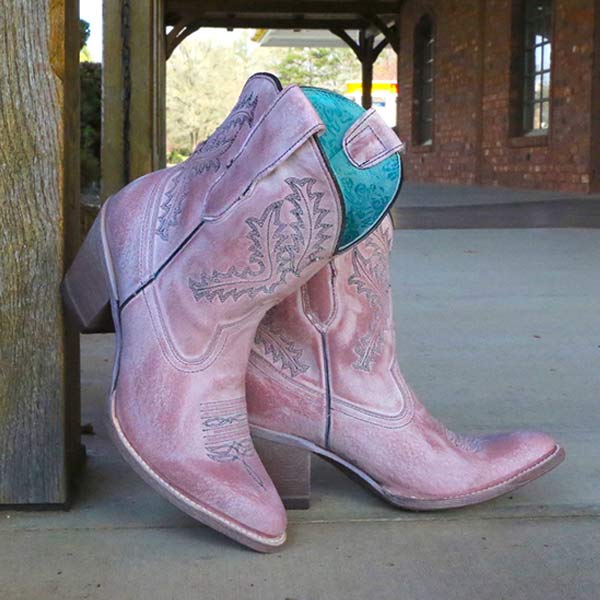 Women'S Embroidered Pointed Toe Chunky Heel Booties 30004646C